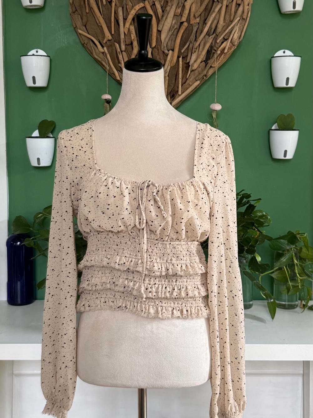 Smocked Waist Square-Neck Blouse in Beige Speckle